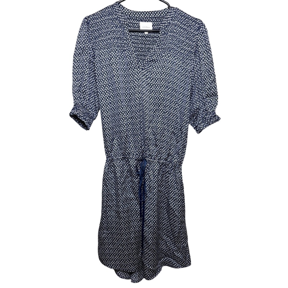 Sundays Blue Geometric Vneck Drawstring Waist Elastic Puff Sleeve Dress Womens 1